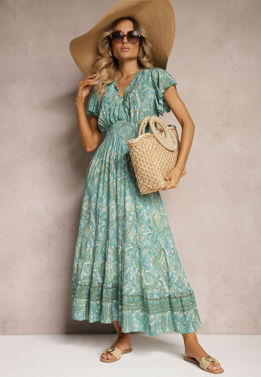 Zielona Bawełniana Sukienka Paisley z Kopertowym Dekoltem z Falbaną i Gumką w Talii Brionea