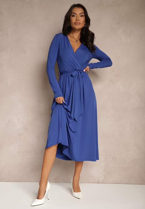 Niebieska Taliowana Sukienka z Paskiem z Domieszką Wiskozy Hrestalia