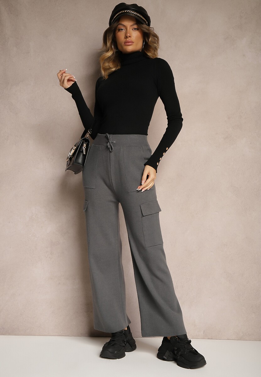 Ciemnoszare Szerokie Spodnie Dzianinowe z Gumką w Pasie i Kieszeniami Emithlera