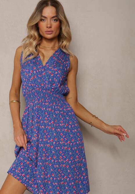 Granatowa Kopertowa Sukienka z Wiskozy w Kwiaty Wykończona Gumką w Talii Innavia