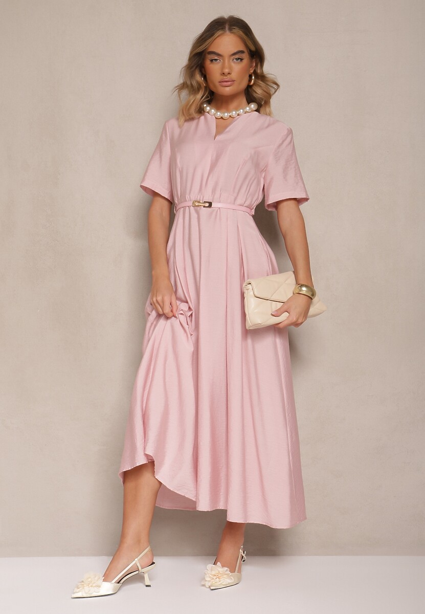 Różowa Rozkloszowana Sukienka z Lnu i Wiskozy z Paskiem ze Sprzączką Linoretia