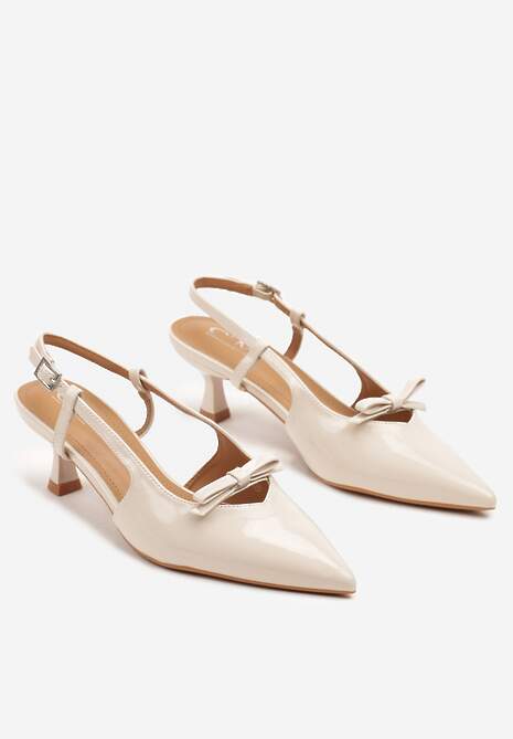 Beżowe Sandały Lakierowane na Kaczuszce Typu Slingback z Kokardą Nonarilin