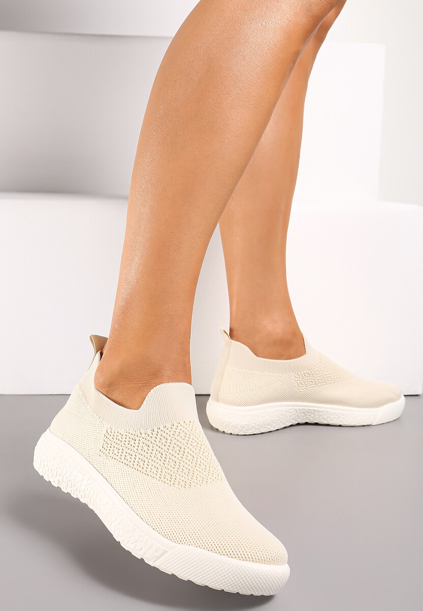 Beżowe Buty Sportowe ze Skarpetkową Cholewką i Ściągaczem Arnalli