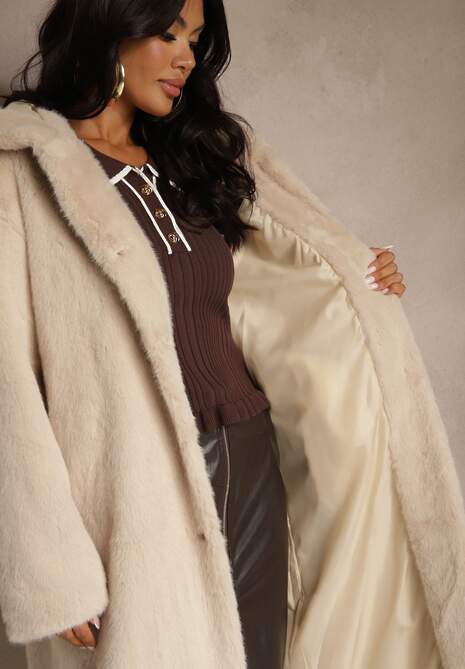 Beżowy Płaszcz z Pluszowego Futerka z Kapturem Zereva