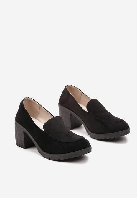Czarne Półbuty Mokasyny z Imitacji Zamszu na Słupku z Niską Platformą Lndine