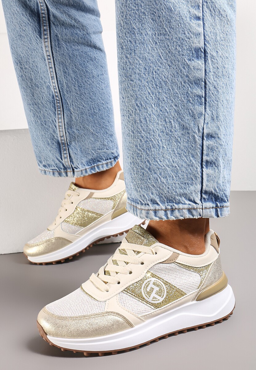 Złote Sznurowane Sneakersy z Brokatem i Siateczką na Grubej Podeszwie Leviria