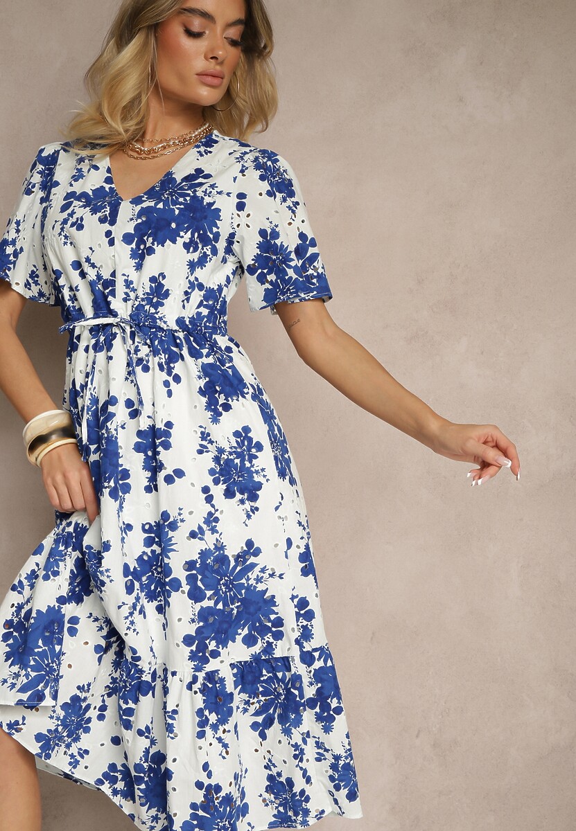 Zielona Bawełniana Sukienka Rozkloszowana Ażurowa w Kwiatowy Print Velbia