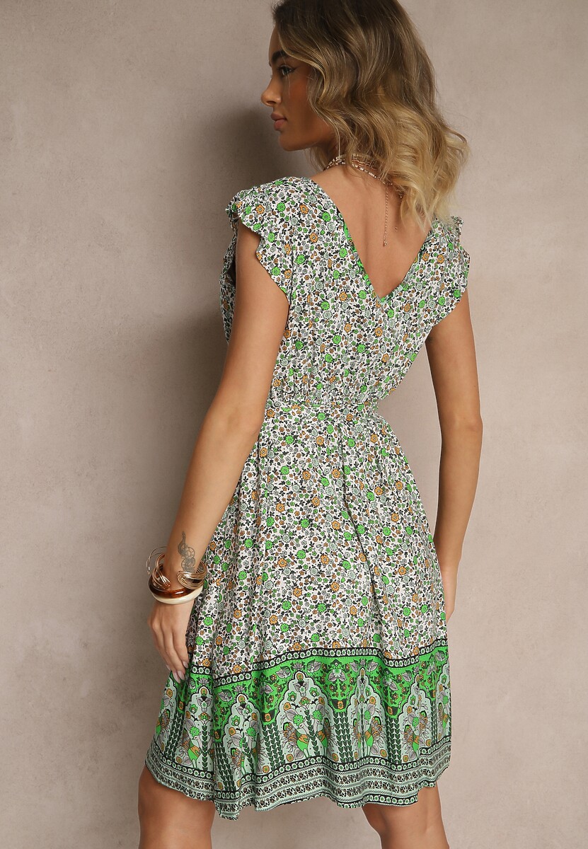 Zielona Rozkloszowana Sukienka z Wiskozy z Wiązanym Paskiem Sepelise