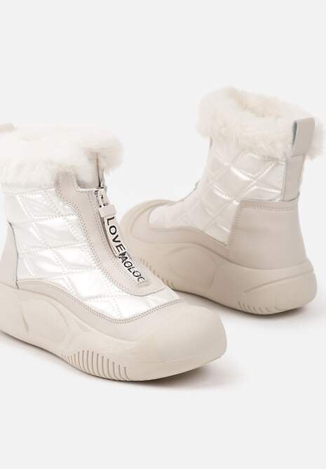 Beżowe Śniegowce Vices na Platformie z Pikowaną Cholewką i Futerkiem Gemitana