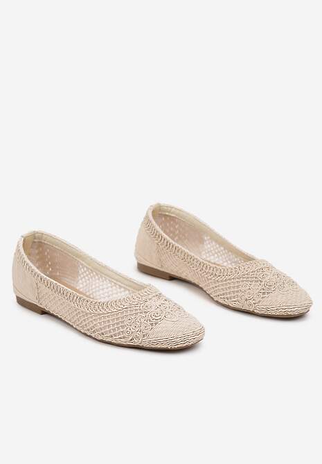 Beżowe Balerinki Ozdobione Siateczką Landeora