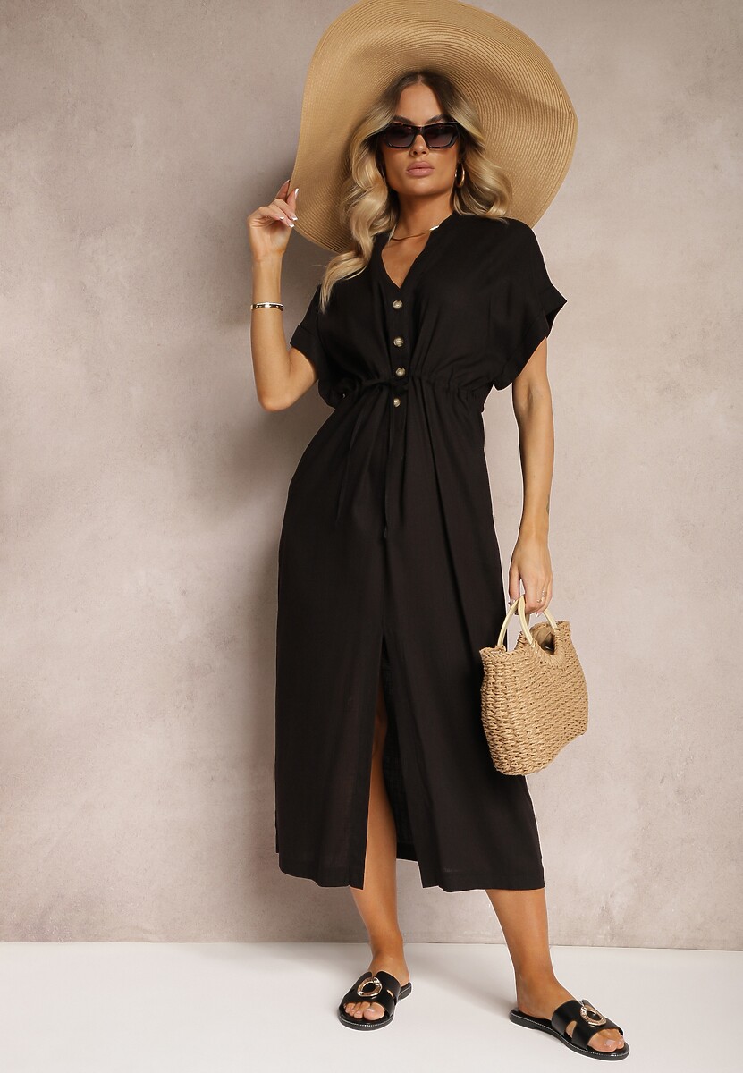 Czarna Sukienka z Bawełny z Górą o Koszulowym Kroju Ściągana w Pasie Viklia