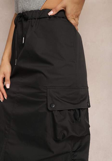 Czarna Marszczona Spódnica Midi w Stylu Cargo z Gumką w Talii Gacieam