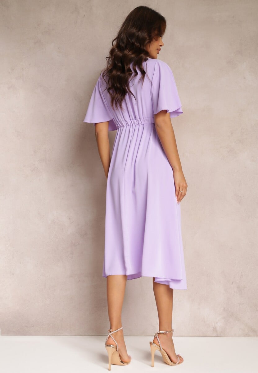 Fioletowa Sukienka z Gumką w Talii Krótkim Rękawem i Kopertowym Dekoltem Kelila
