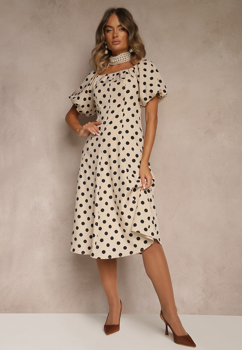 Beżowa Sukienka Hiszpanka Vices w Kropki o Rozkloszowanym Kroju Zilua