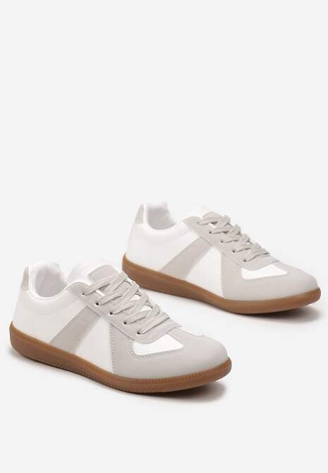 Szaro-Białe Sznurowane Sneakersy z Imitacji Skóry na Płaskiej Podeszwie Glezoma