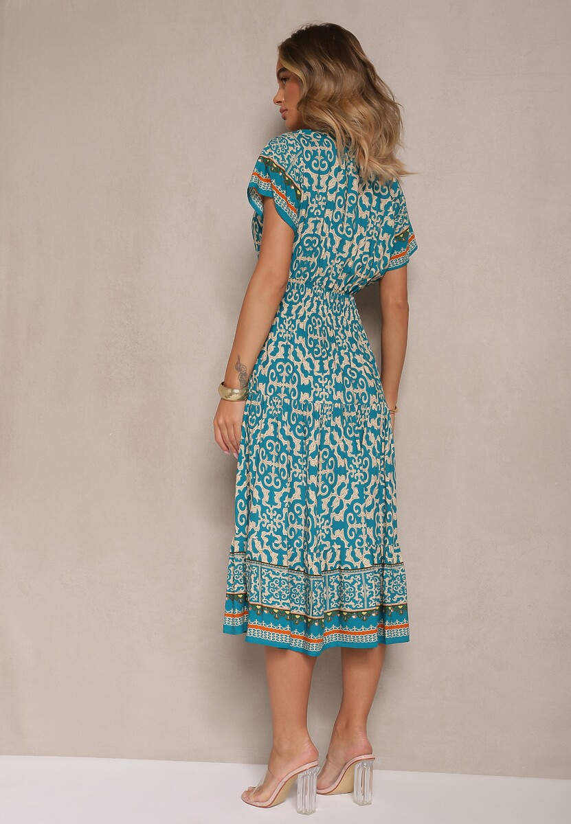 Jasnozielona Sukienka z Bawełny z Gumką w Pasie i Ozdobnymi Guzikami Natifarela