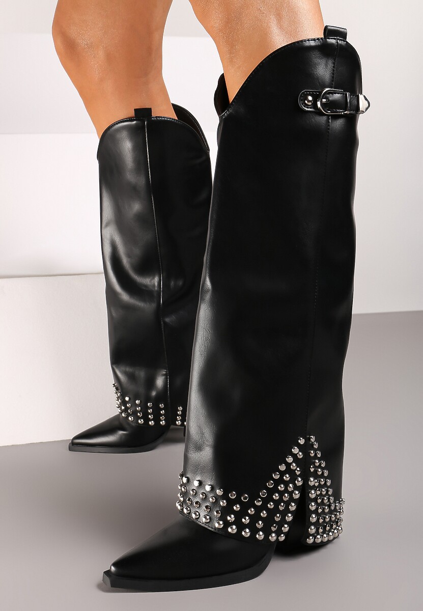 Czarne Kozaki z Ekoskóry w Stylu Kowbojek z Nitami i Wywiniętą Cholewką Irimora