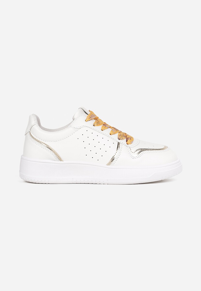 Biało-Złote Sneakersy z Kolorowymi Sznurówkami i Metalicznymi Wstawkami Lania