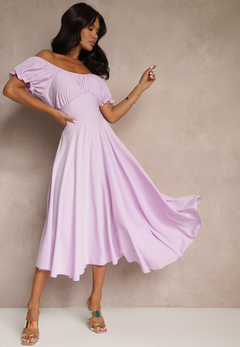 Fioletowa Sukienka Hiszpanka z Bawełną Ozdobiona Bufkami Lunoria