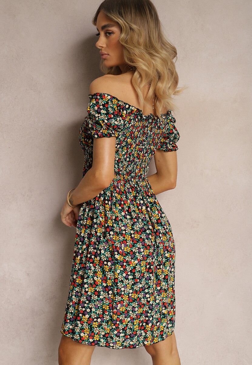 Czarno-Zielona Hiszpanka Sukienka z Wiskozy w Kwiatowy Wzór z Gumką w Pasie Silemia