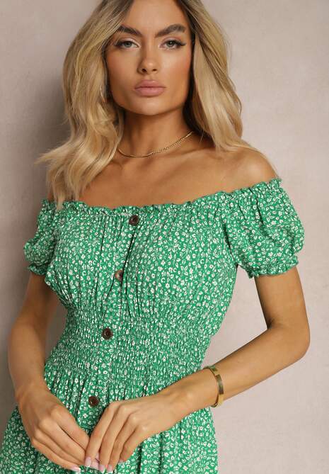 Zielona Kwiecista Sukienka z Bawełny z Gumkami w Pasie Herata