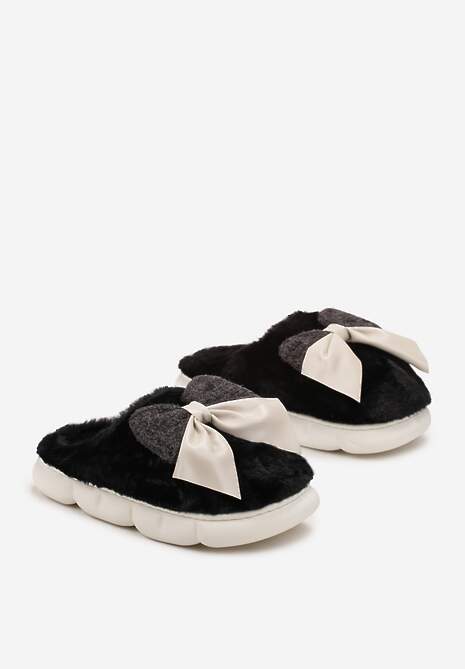 Czarne Futrzane Kapcie Zimowe Ozdobione Kokardką Saceta