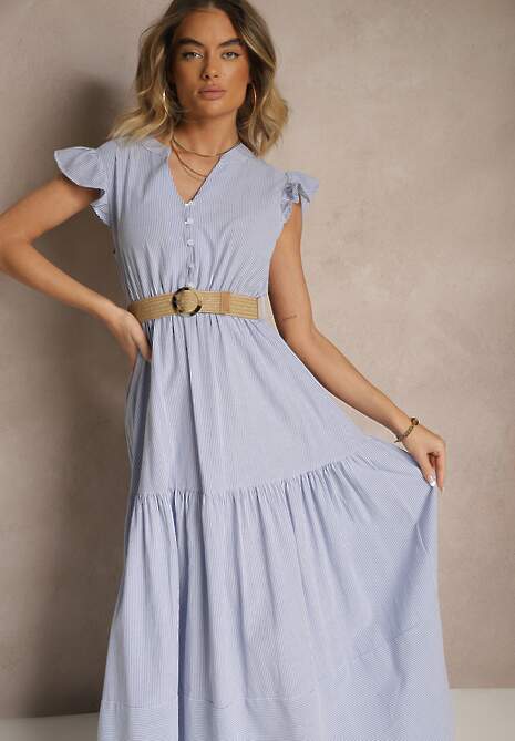 Niebieska Rozkloszowana Sukienka z Bawełny w Stylu Boho z Paskiem z Klamrą Iffarisa
