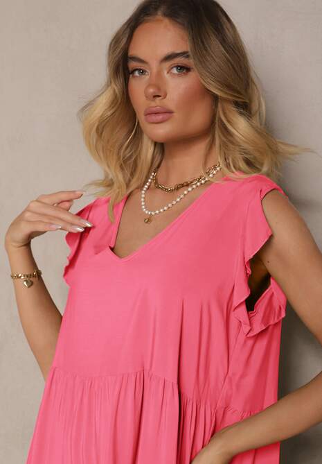 Różowa Bawełniana Sukienka Rozkloszowana z Falbankami Mirlio