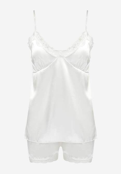 Biały Komplet Piżamowy Satynowy Top na Ramiączkach i Szorty z Koronką Silentta