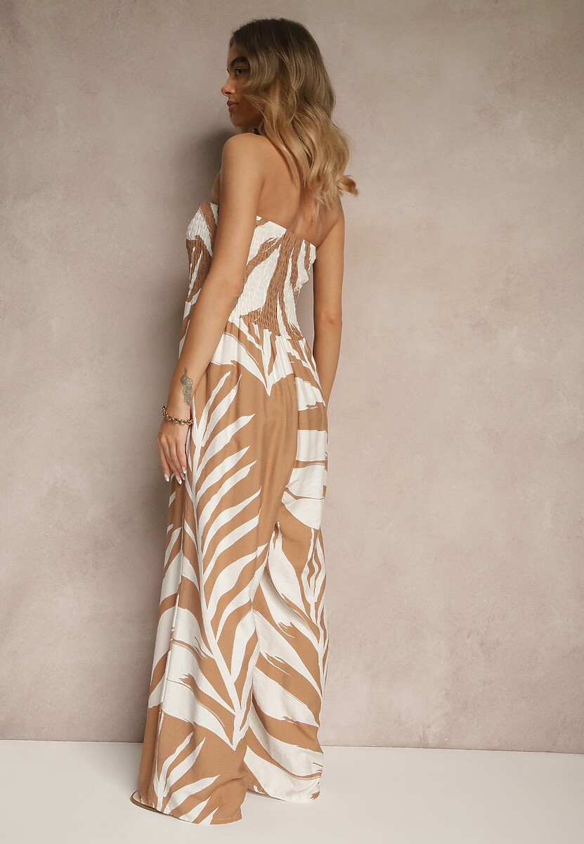 Beżowy Kombinezon z Lnem Wiskozą i Motywem LIści Fevanae