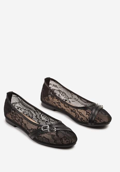 Czarne Koronkowe Balerinki z Ozdobnymi Paskami ze Sprzączkami Ajerla