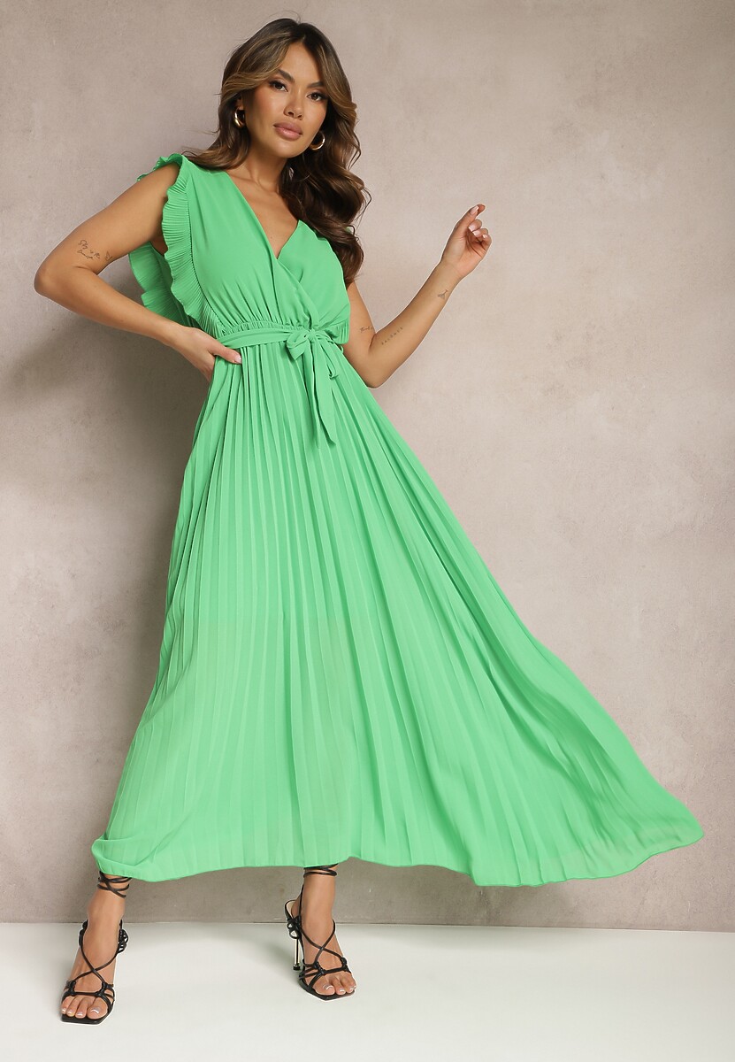 Biała Wiskozowa Sukienka Maxi z Plisowaniem o Rozkloszowanym Kroju i Kopertowym Dekolcie Fliceris