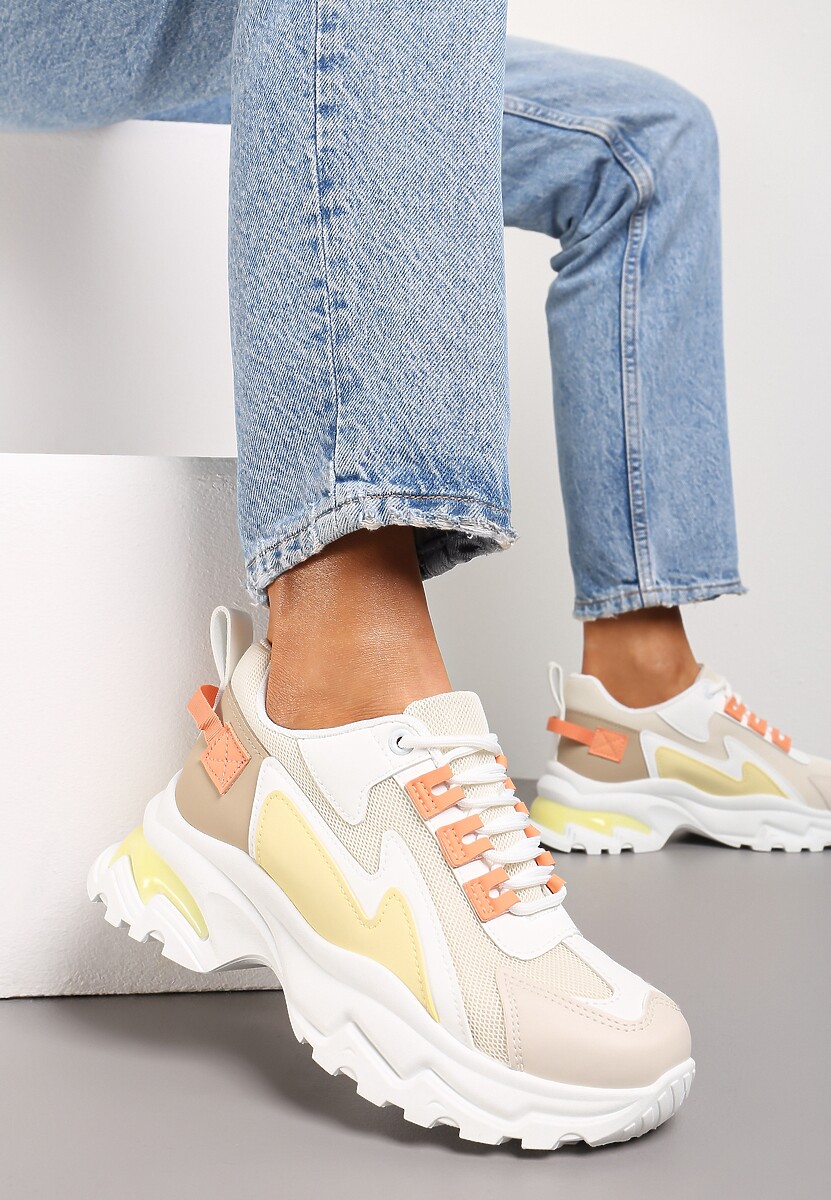 Ciemnobeżowe Sneakersy Na Grubej Podeszwie z Przeszyciami i Sznurwaniem  Marinil