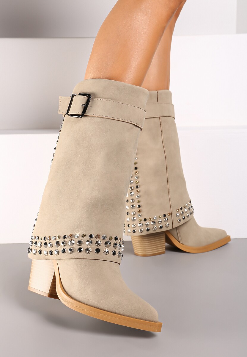 Czarne Botki z Cholewką Imitującą Nogawkę Ozdobione Ćwiekami i Klamrą Verivelle