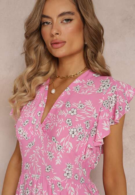 Różowa Rozkloszowana Sukienka z Wiskozy i Falbankami Brindisi