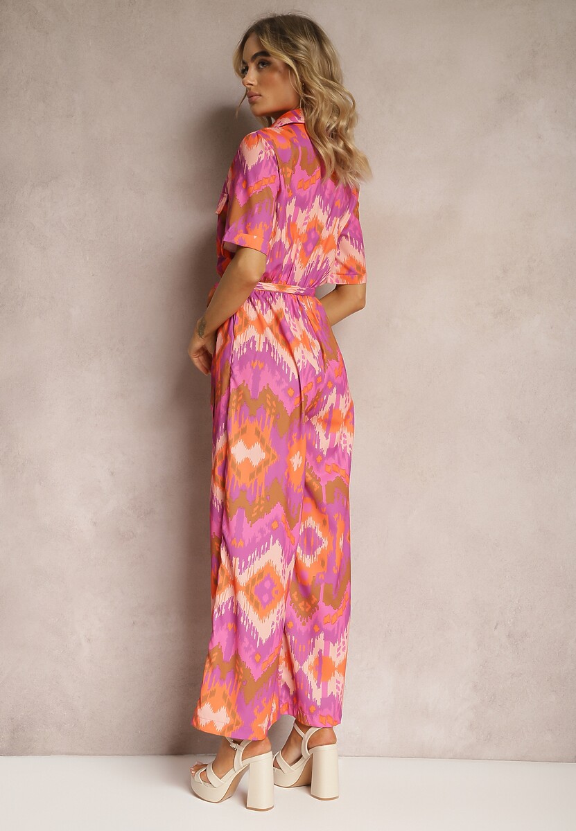 Fioletowo-Pomarańczowy Kombinezon z Koszulową Górą Gumką w Talii i Materiałowym Paskiem Tlarion