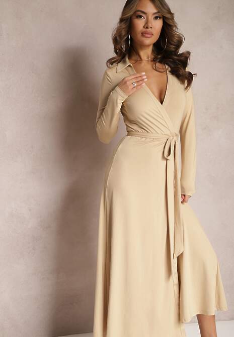 Beżowa Sukienka Kopertowa Wiązana w Pasie z Kołnierzykiem Vazhi