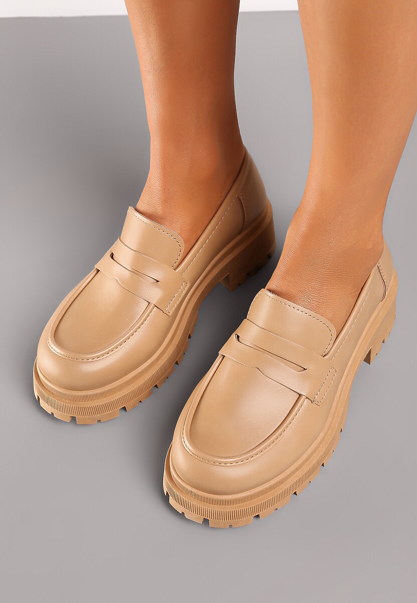 Ciemnobeżowe Eleganckie Mokasyny na Grubej Podeszwie z Tłoczeniami Naiveen