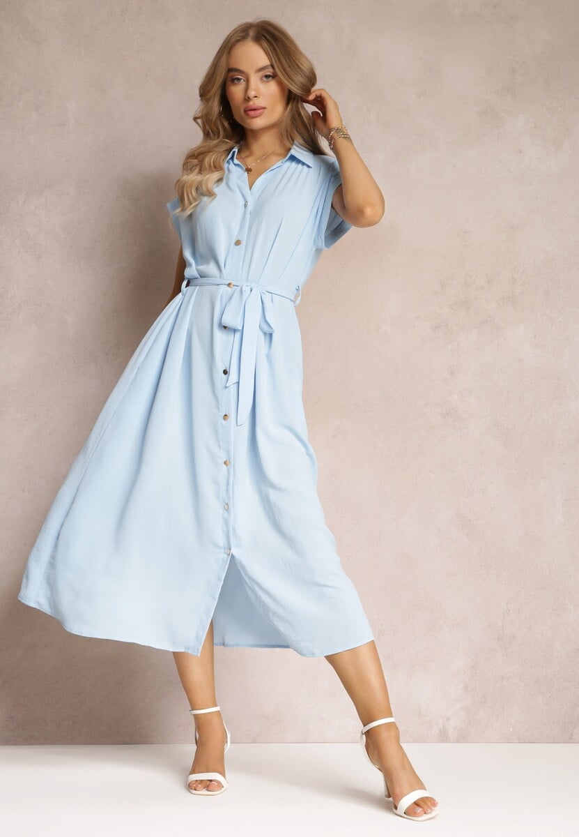 Niebieska Koszulowa Sukienka z Krótkimi Rękawami i Wiązanym Paskiem Denalia