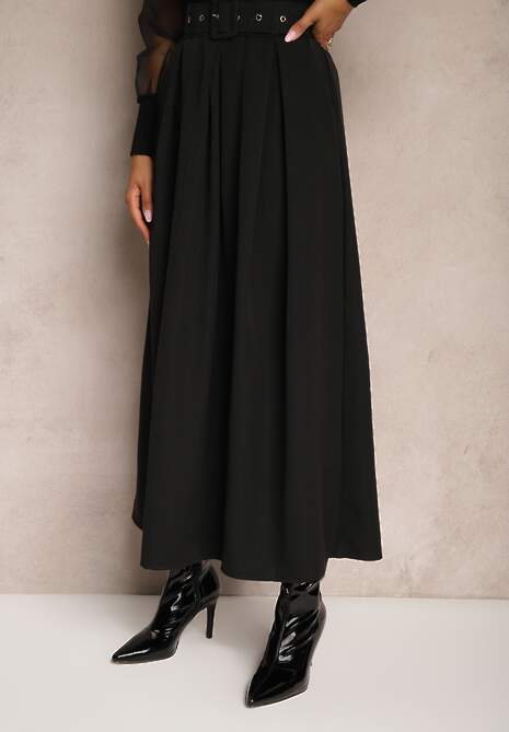 Czarna Spódnica z Wiskozą o Rozkloszowanym Kroju z Paskiem i Gumką w Talii Prianna