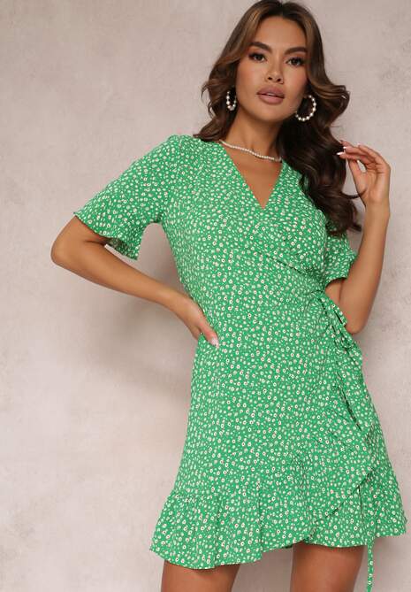 Zielona Sukienka Kopertowa w Kwiaty z Falbankami Vonnos