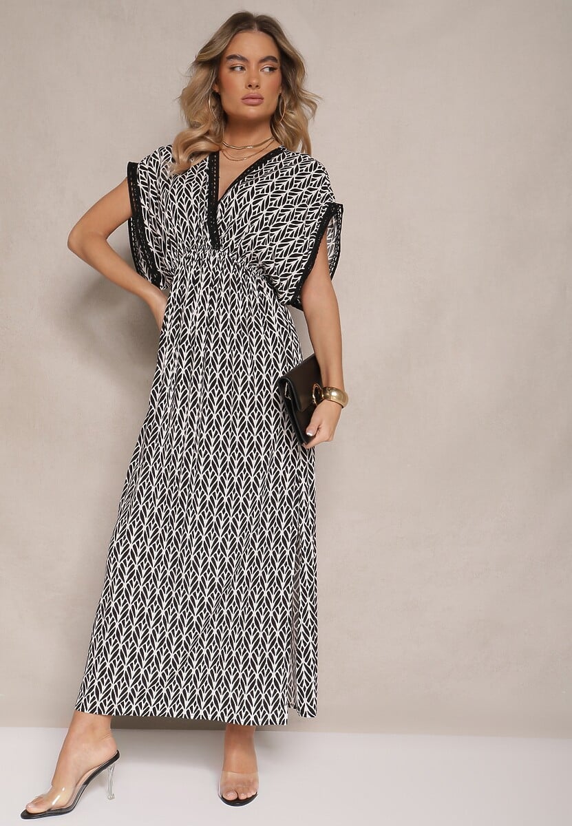 Czarno-Biała Sukienka Rozkloszowana z Bawełny Wykończona Koronką Lanadria