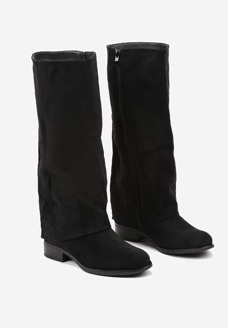 Czarne Ekozamszowe Kozaki na Płaskiej Podeszwie z Cholewką Imitującą Nogawkę Realeira