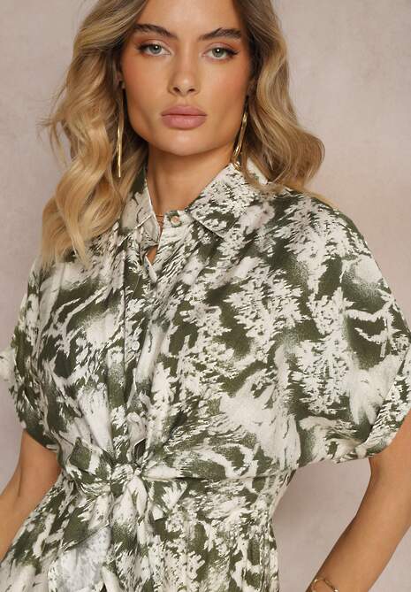 Zielono-Biała Sukienka Taliowana z Gumką w Talii Nasilena