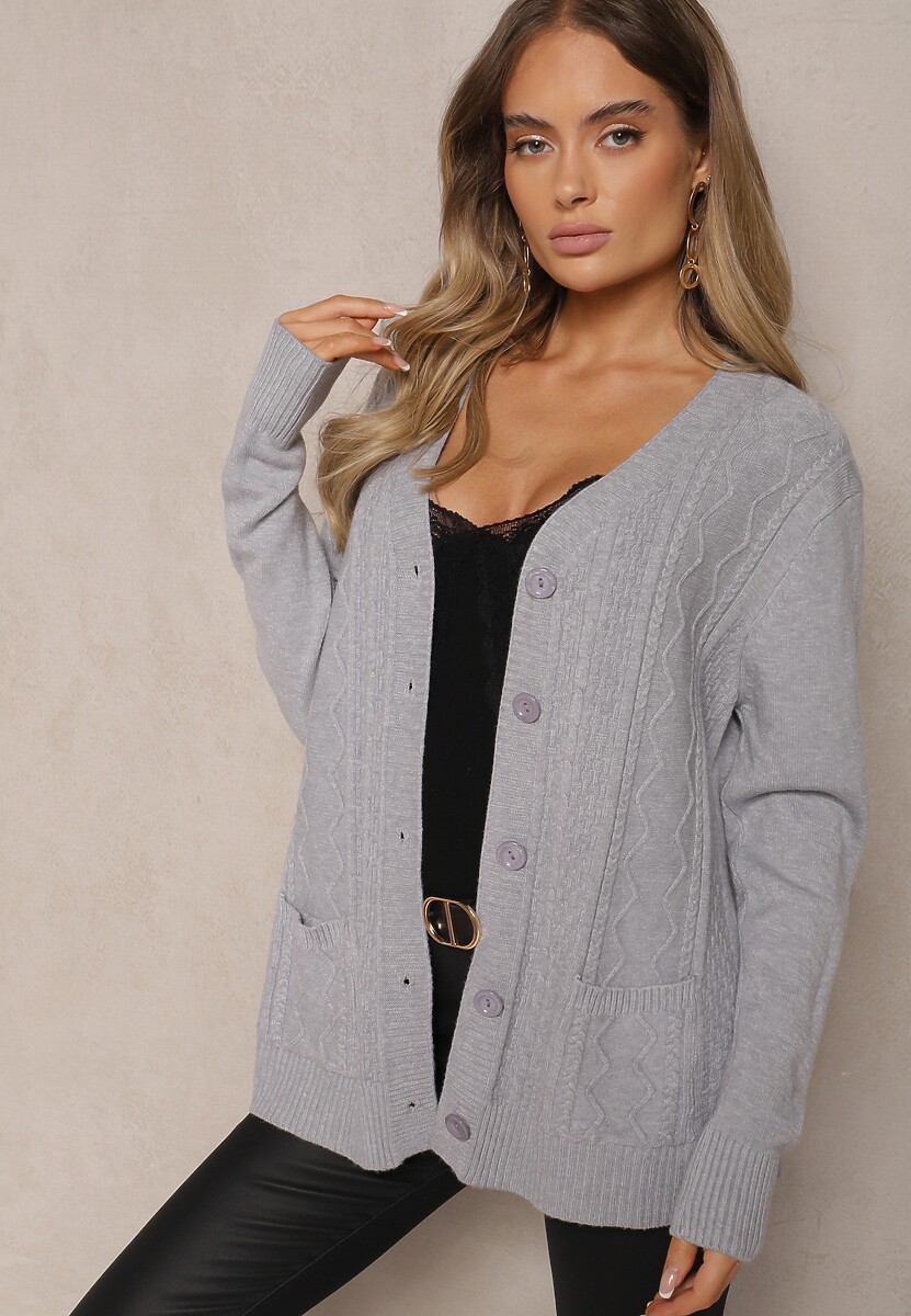 Szary Kardigan z Dodatkiem Bawełny Ozdobiony Tłoczeniami i Kieszeniami Mavalin
