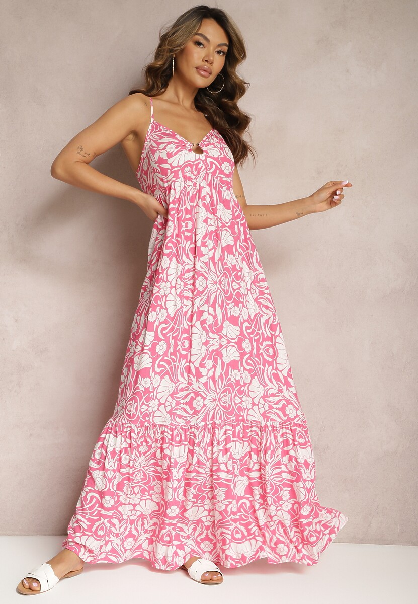 Zielona Bawełniana Sukienka Maxi na Ramiączkach z Kwiatowym Wzorem i Falbanką Mawidiona