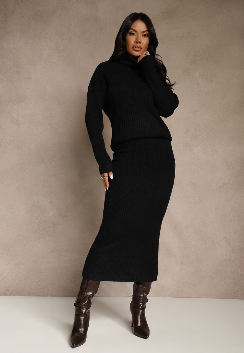 Czarny Komplet z Dzianiny z Wełną w Prążki Golf i Ołówkowa Spódnica Falirea