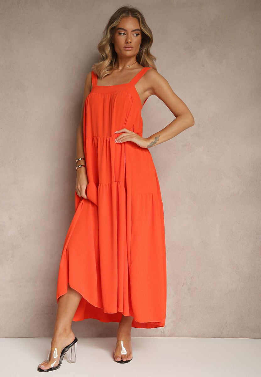 Pomarańczowa Rozkloszowana Sukienka Ozdobiona Wiązaniem na Plecach Saviande