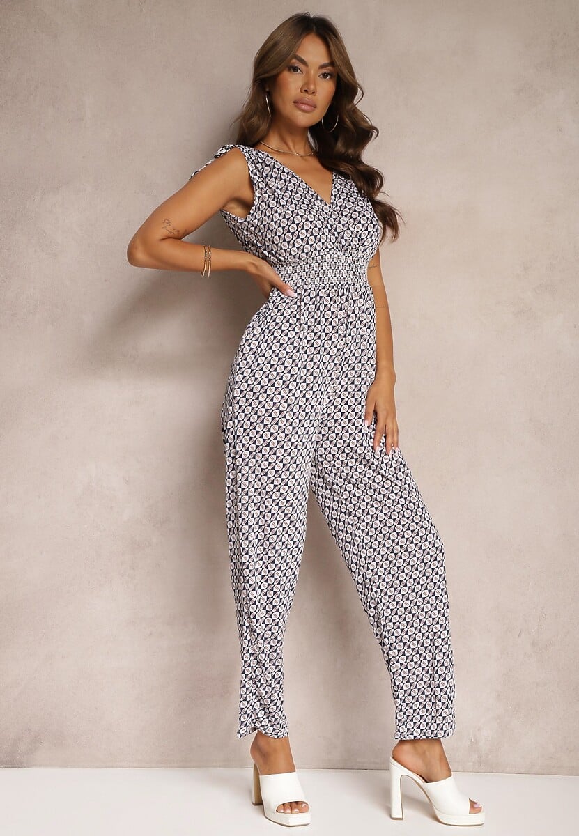 Granatowo-Biały Kombinezon z Długimi Nogawkami i Szeroką Gumką w Talii Belamy