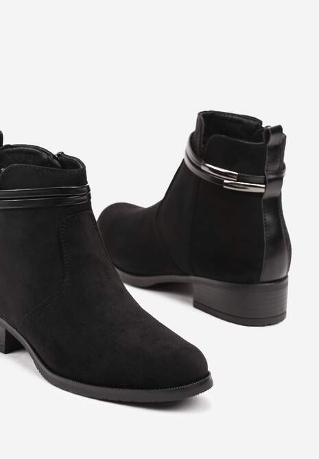 Czarne Botki z Ekozamszu na Płaskiej Podeszwie w Stylu Sztybletów z Metaliczną Aplikacją Veriennas